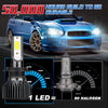 Une voiture de sport bleue avec phares LED aftermarket, comparée à une ampoule LED et une ampoule halogène.