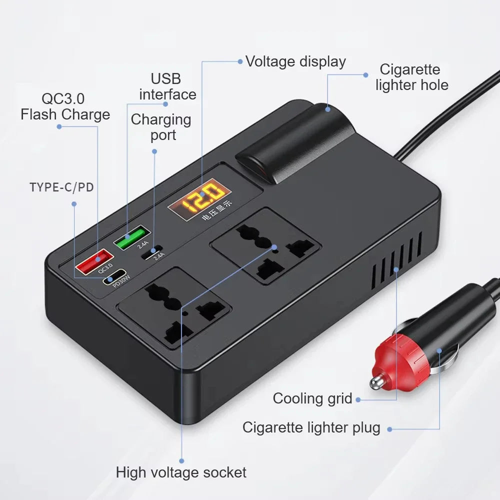 A black power converter device with various ports and a cigarette lighter plug is shown.