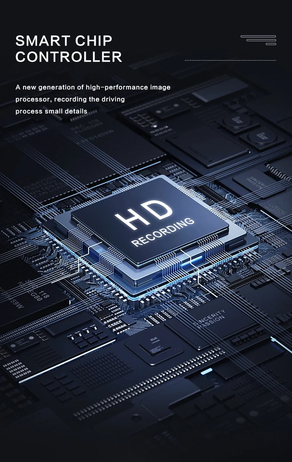 A close-up view of a smart chip controller board with an HD recording chip on a dark electronic circuit background.