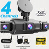 A multi-channel 360 degree dash camera system with four cameras and a car charger cable.