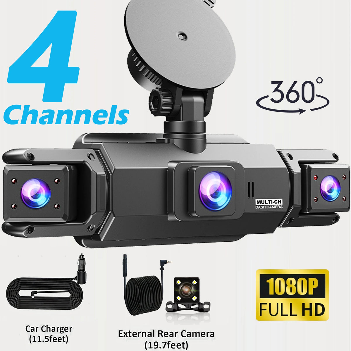 A multi-channel 360 degree dash camera system with four cameras and a car charger cable.