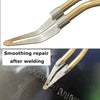 A pair of brass and silver pliers used for smoothing repair after welding a dark surface.