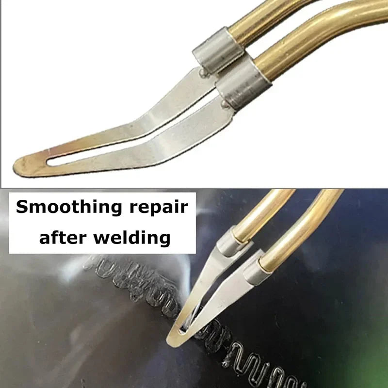 A pair of brass and silver pliers used for smoothing repair after welding a dark surface.