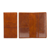 A brown leather document and ID holder with a clear plastic sleeve inside.