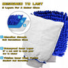 A white microfiber car wash mitt with blue layers shown next to a blue microfiber cleaning pad.