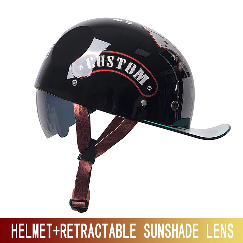 Black custom helmet with a clear visor and a retractable sunglass lens attached.