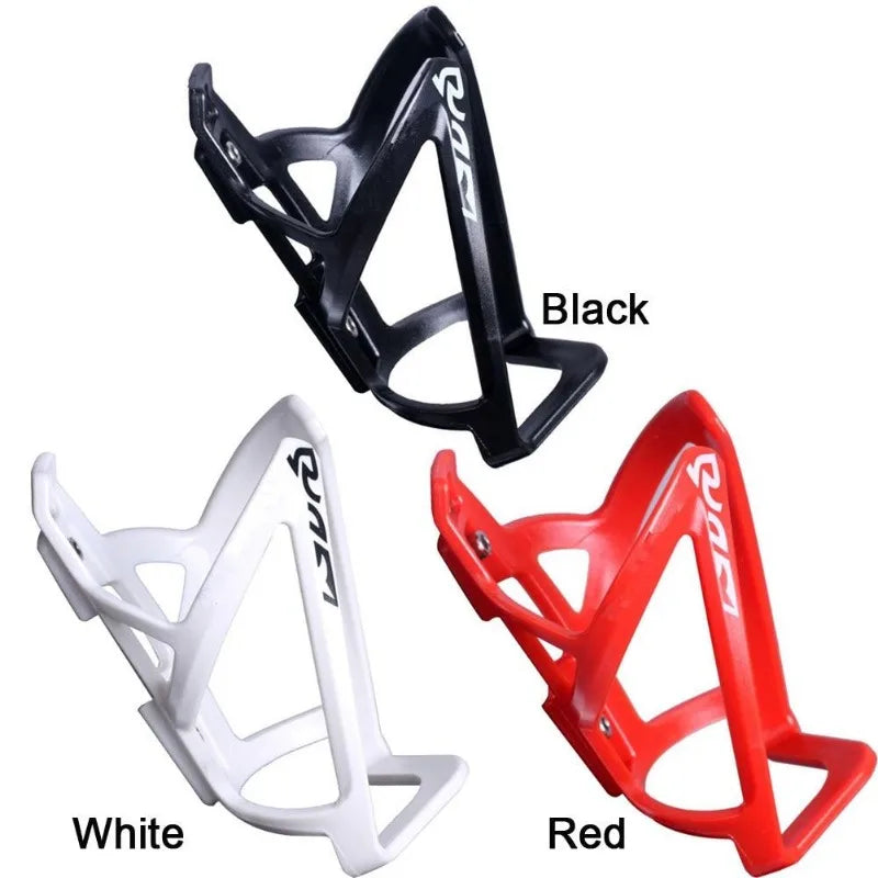 Three lightweight plastic bicycle bottle holder racks in black, white, and red.
