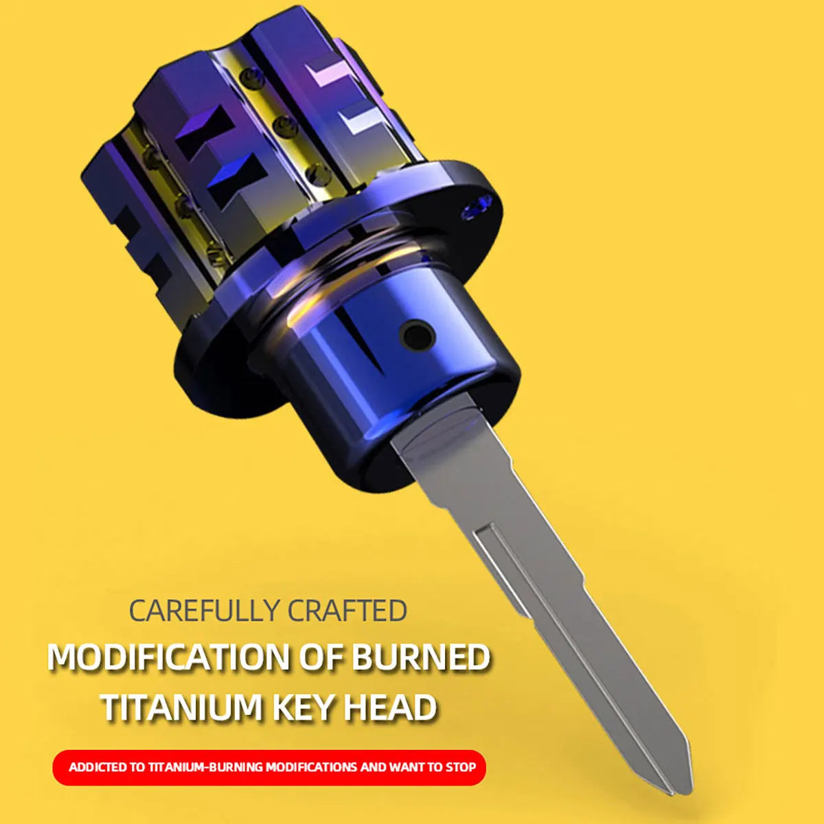 A close-up view of a modified titanium key head, featuring a sharpened blade, against a yellow background.