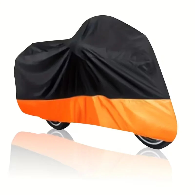 Black and orange heavy-duty motorcycle cover shown from the side with a reflection.