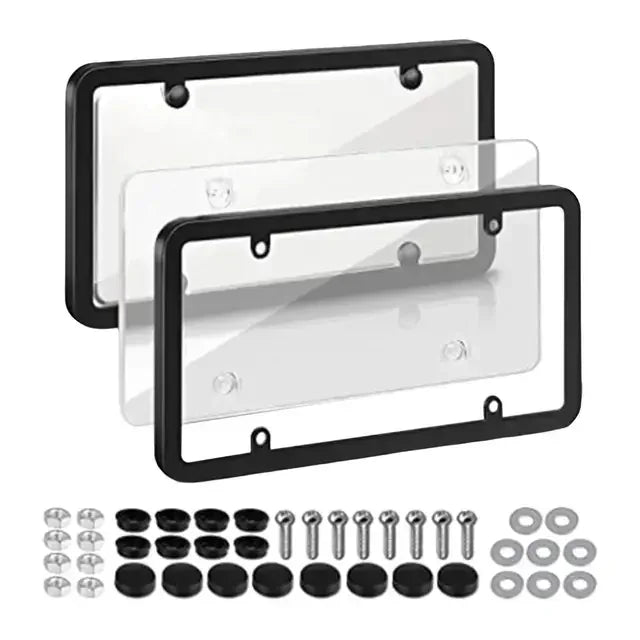 A set of license plate protectors including a main plate and various mounting hardware for US/Canada vehicles