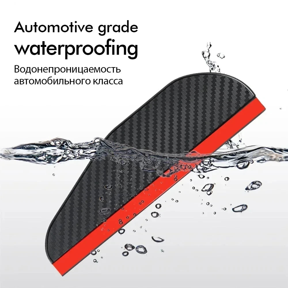 Black carbon fiber rain shield with an orange trim being tested for waterproofing.
