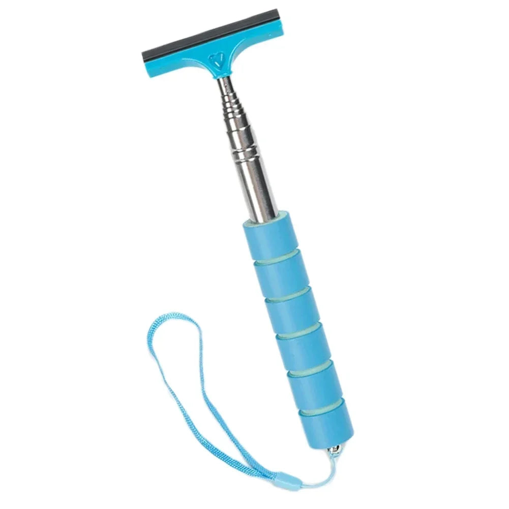 A blue telescopic window squeegee with a handle and flexible cord for glass cleaning.