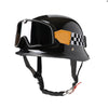Black universal half-helmet motorcycle and EV safety gear with an orange and black checkered strap
