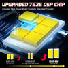 Upgraded 7535 CSP chip LED headlight bulbs shown on a white base with light emission demonstration.