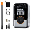 A wireless portable tire inflator device with a digital display and various accessories shown on a white background.
