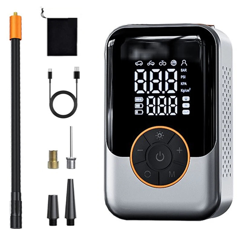 A wireless portable tire inflator device with a digital display and various accessories shown on a white background.
