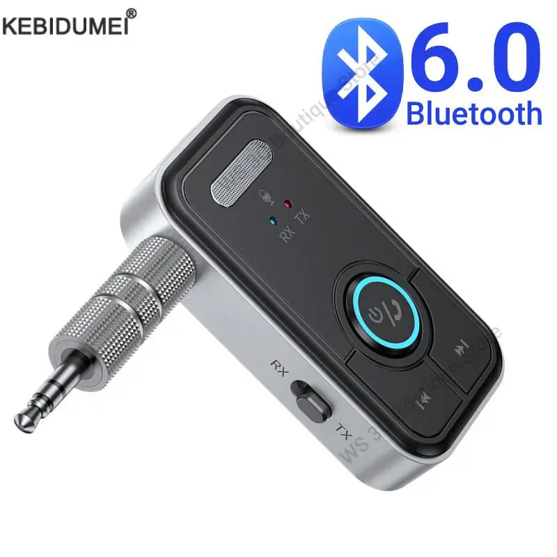 A silver Bluetooth 6.0 audio adapter device with a textured tip and indicator lights is shown.