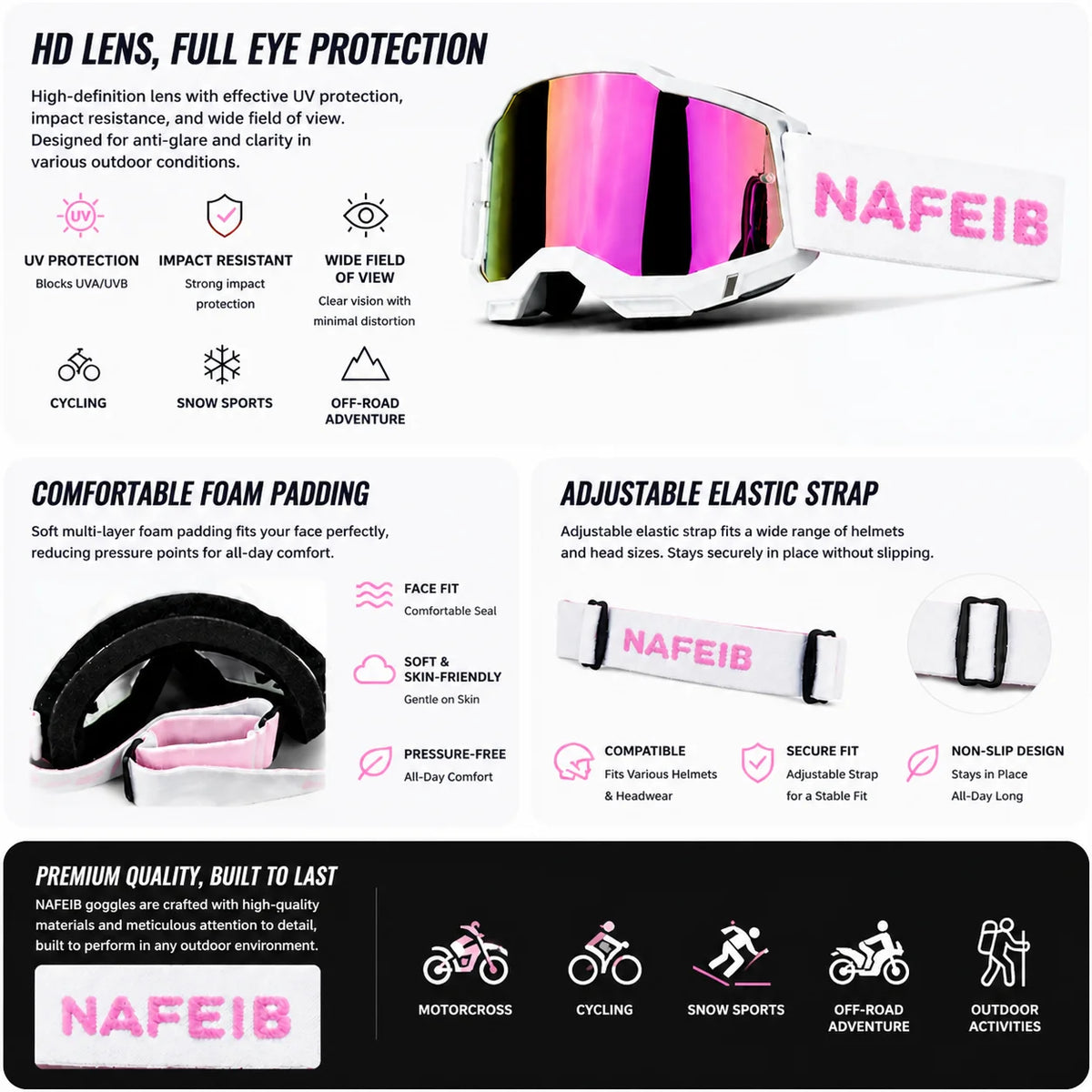 NAFEIB off-road racing goggles with a pink and silver lens and adjustable strap