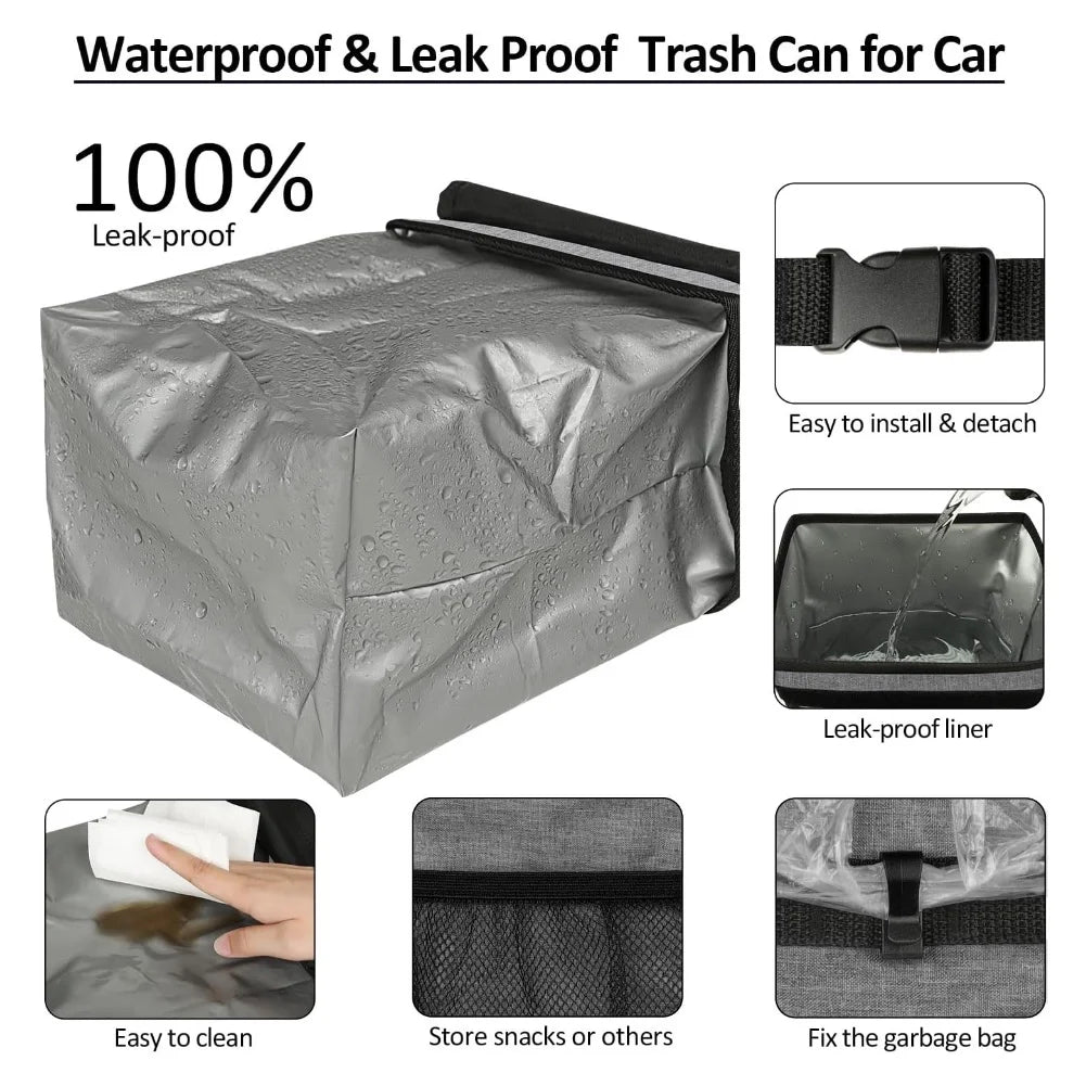 Graue wasserdichte und leckfeste Mülleimer für das Auto, mit abnehmbarem Deckel und Beutel.