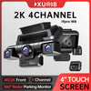 A black 2K 4-channel dash cam with a 4-inch touch screen and built-in radar for parking monitoring.