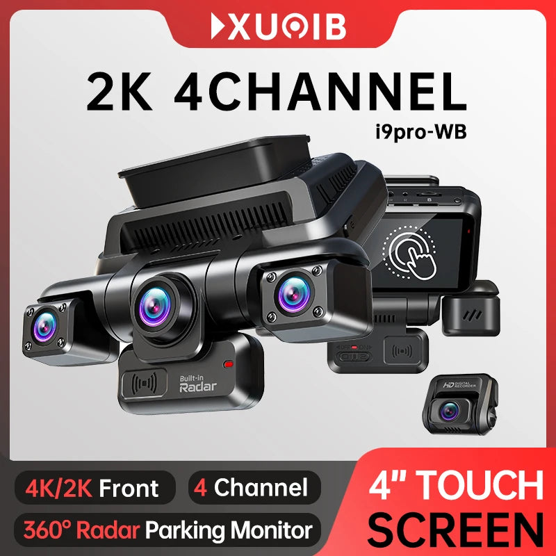 A black 2K 4-channel dash cam with a 4-inch touch screen and built-in radar for parking monitoring.