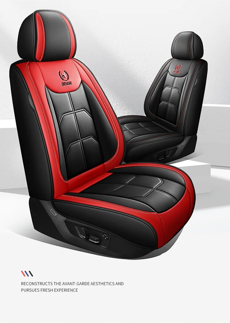 A black and red leather car seat cover featuring stitching and a design logo.