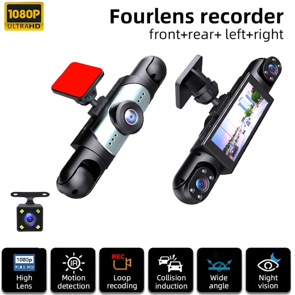 A black dash cam recorder with a red accessory and various features displayed on the packaging.