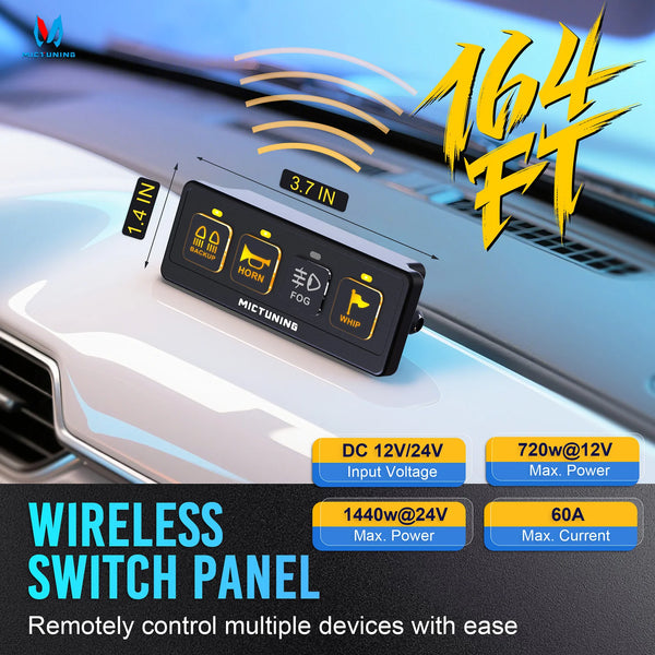 A black wireless switch panel is shown mounted on a vehicle, with text indicating 164 FT power and various specifications.