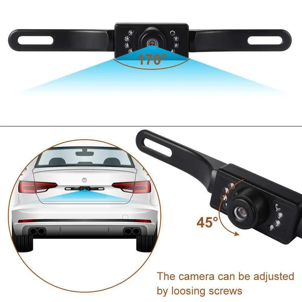 A black 170 degree HD wired backup camera is shown mounted on a vehicle, with an inset illustrating the 45 degree adjustment 