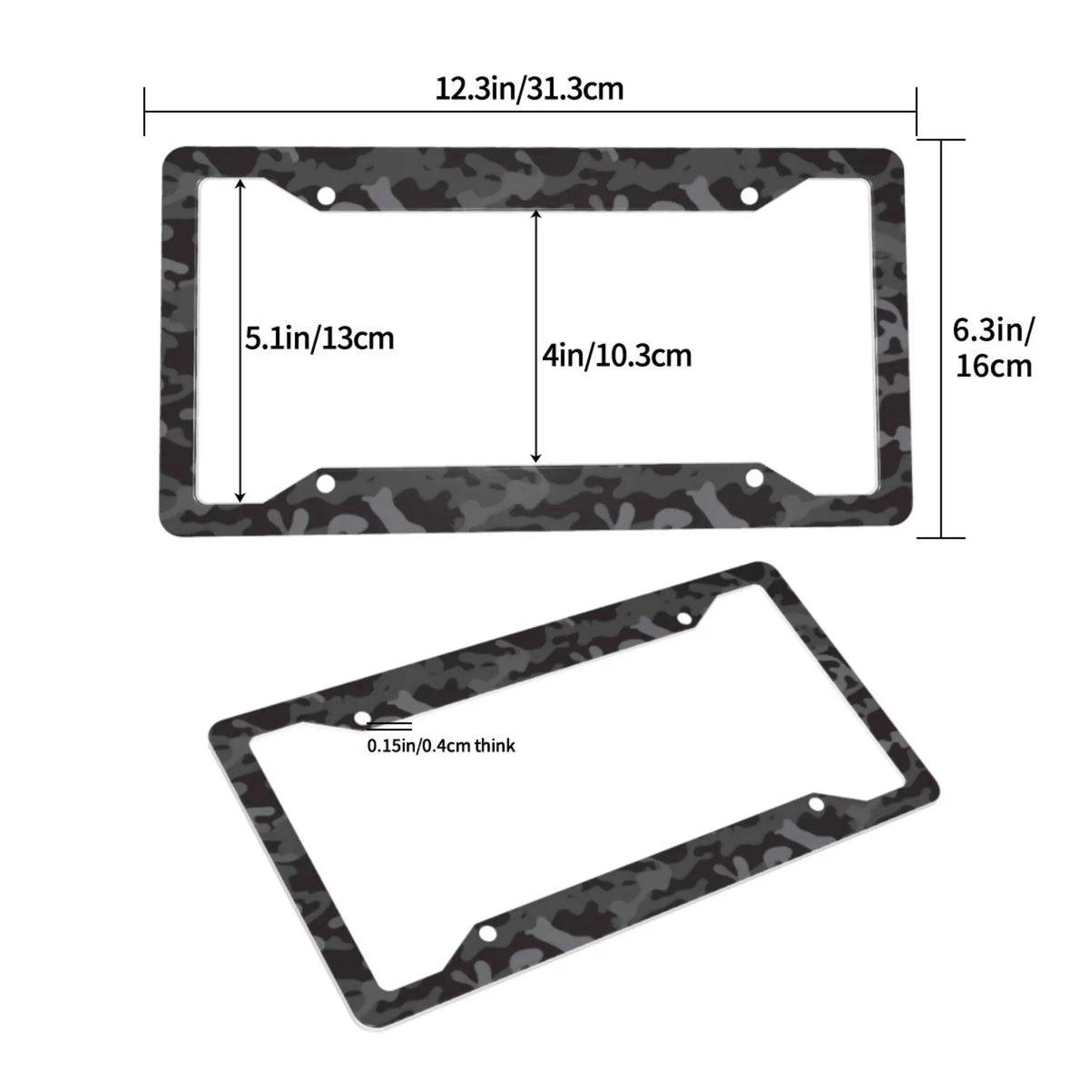 A rectangular black camouflage aluminum license plate frame with dimensions 12.3in by 5.1in.
