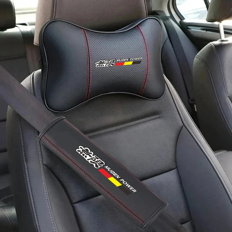 A black PU leather car headrest pillow with red and yellow accents is shown on a car seat.