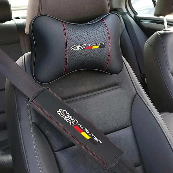 A black PU leather car headrest pillow with red and yellow accents is shown on a car seat.
