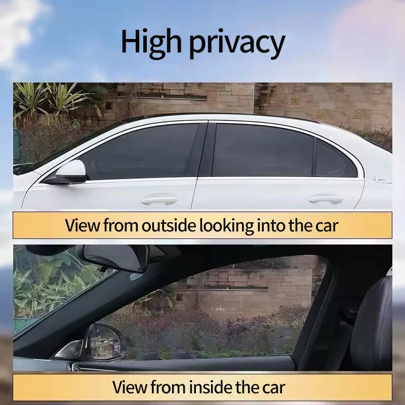 Demonstration of high privacy car window tint film showing views from outside and inside the vehicle.
