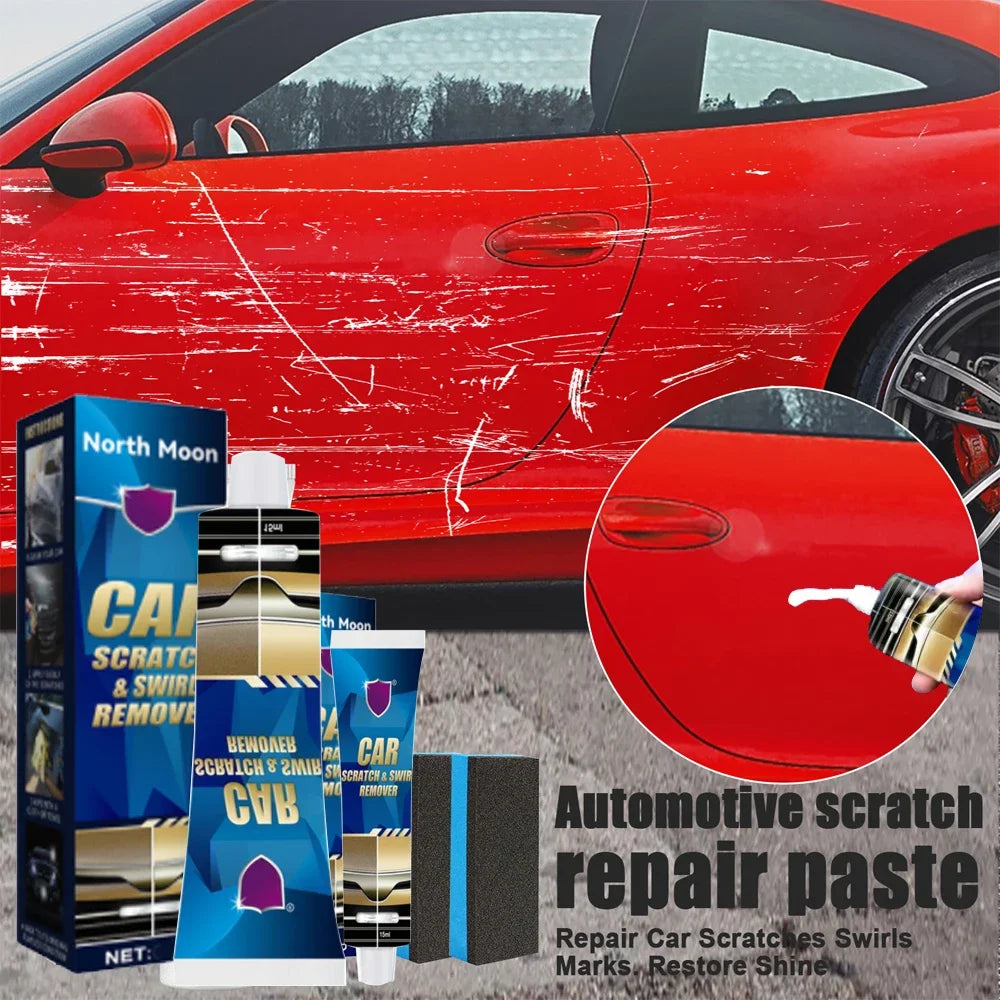 A bottle of automotive scratch and swirl repair paste next to a red car body showing visible scratches.