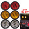 Four types of round LED trailer lights including brake, turn signal, and reverse lights for 12V and 24V systems