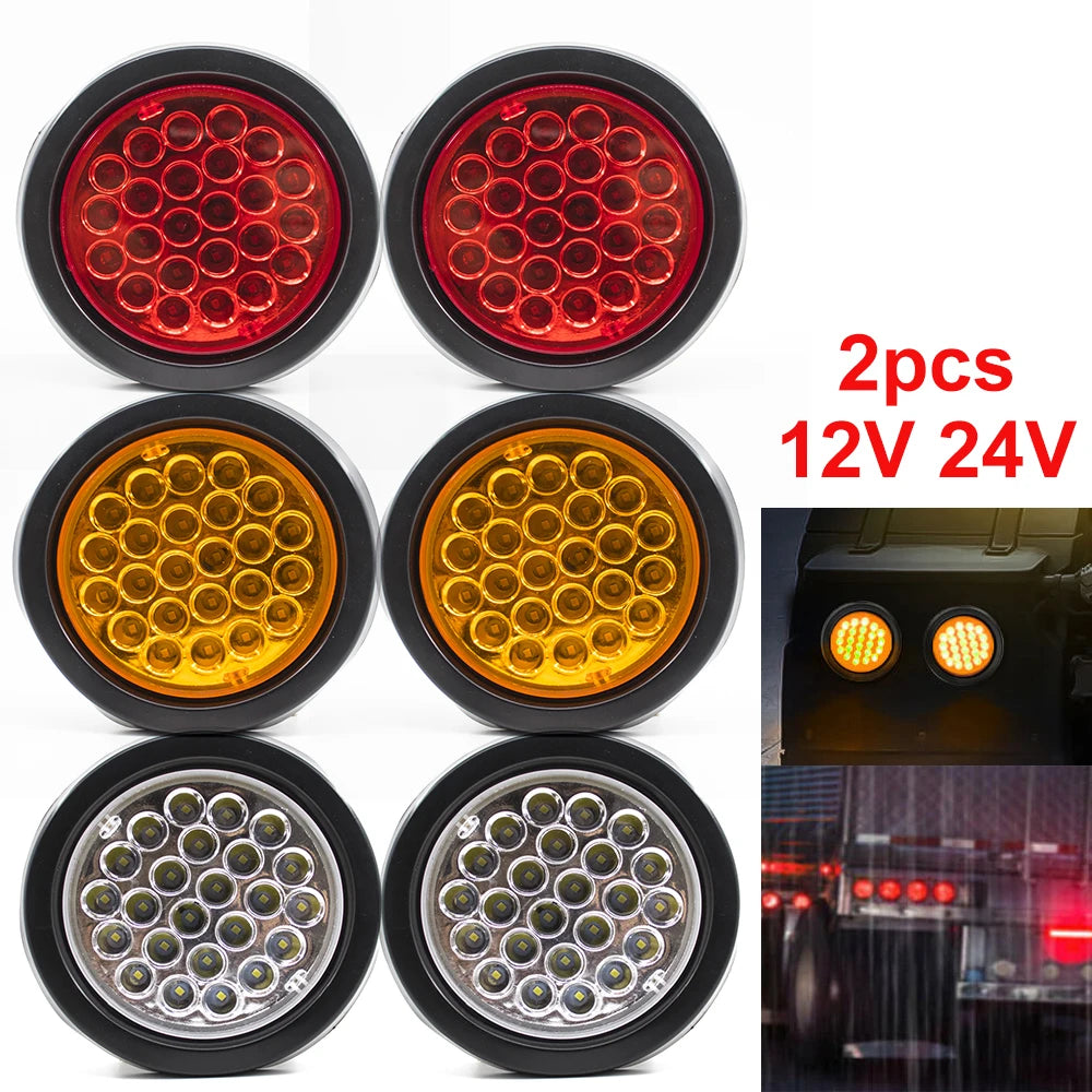 Four types of round LED trailer lights including brake, turn signal, and reverse lights for 12V and 24V systems