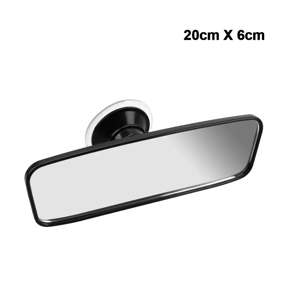Espejo retrovisor rectangular con marco negro y superficie reflectante plateada.