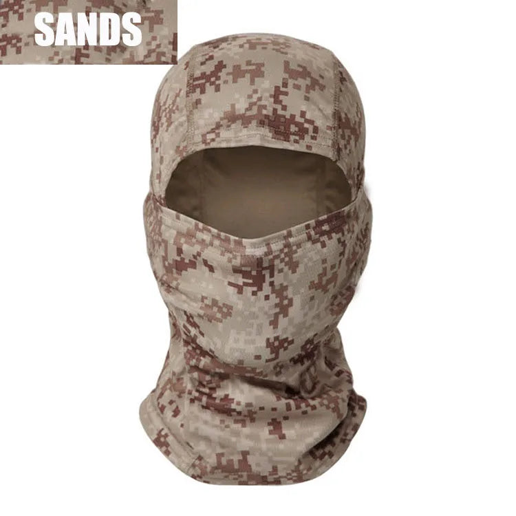 A camouflage tactical balaclava full face mask in a tan and brown pattern.