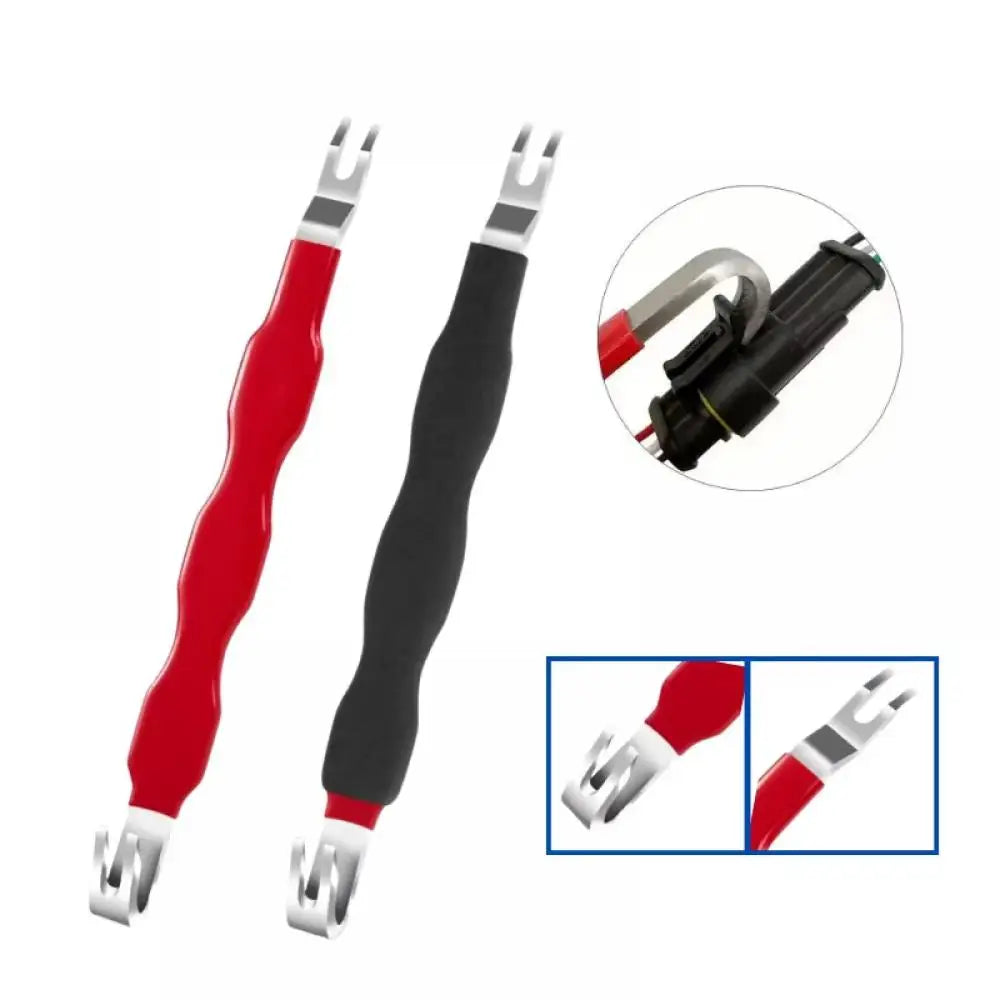A pair of red and black electrical terminal connector removal tools with a close-up view of the tip.
