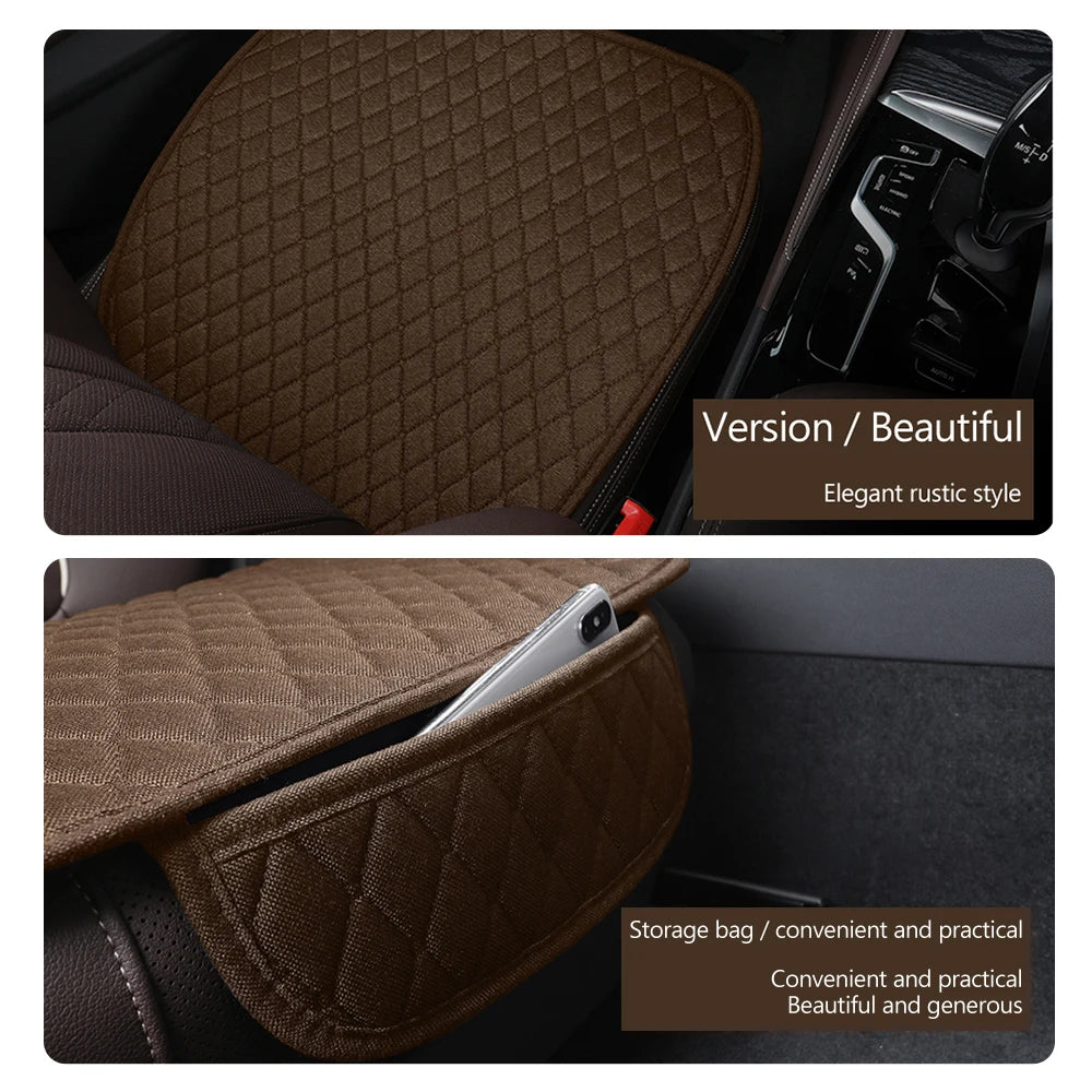A brown quilted car seat cover or floor mat shown in a vehicle interior, highlighting its elegant rustic style and practical 