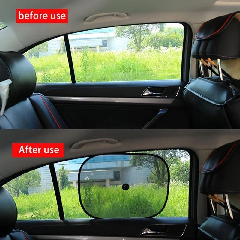 Before and after comparison of a dual car sunshade installed in a vehicle window.
