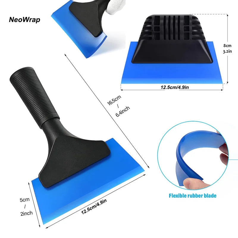 A black squeegee with a handle and flexible rubber blade is shown alongside a blue cleaning pad.