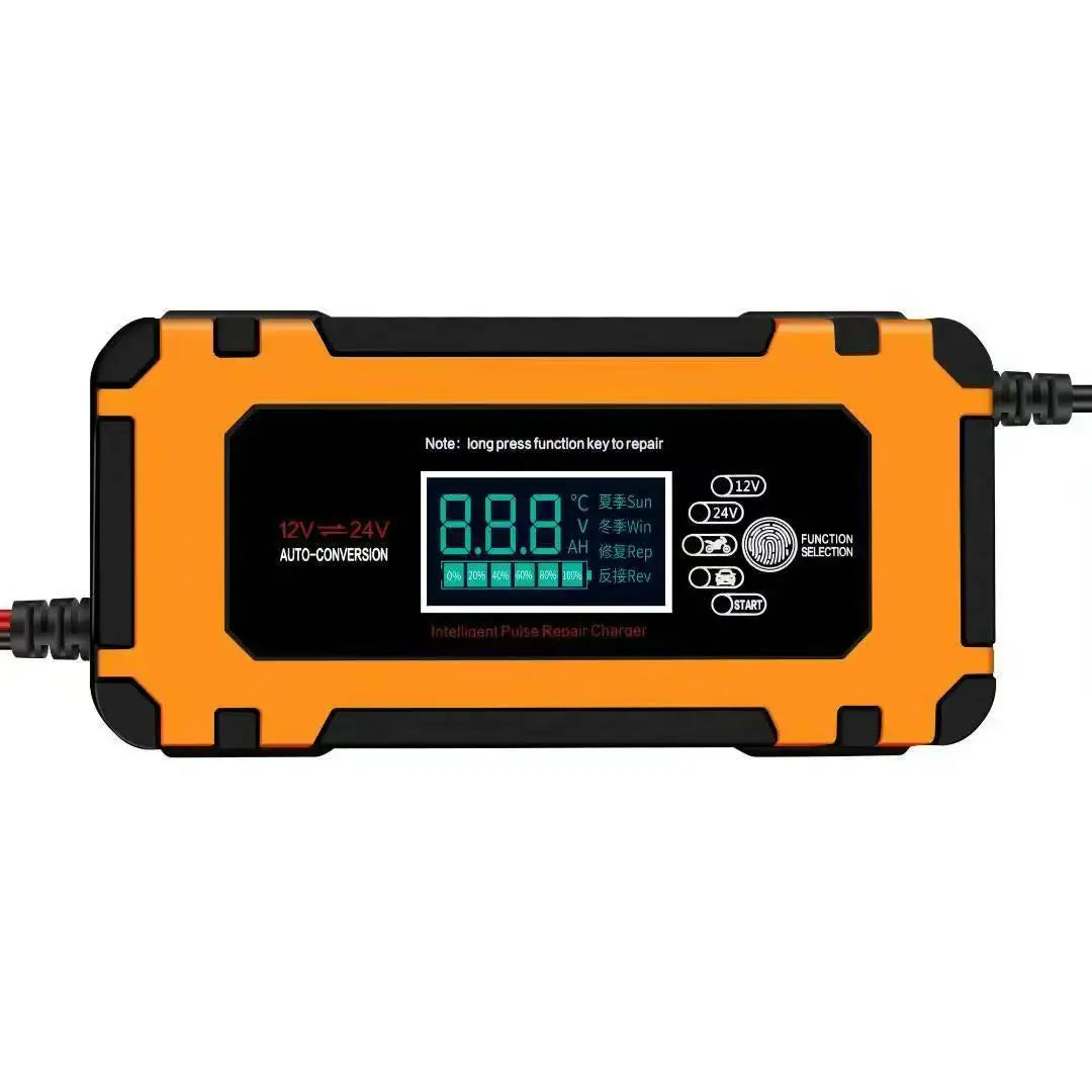 Orange-schwarzes intelligentes Pulsbatterieladegerät mit Anzeige für 8,8,8 Volt.