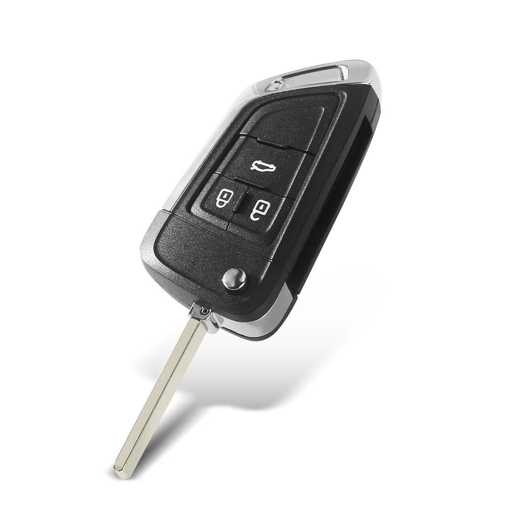 A black flip key shell case with a silver blade and multiple key cutouts for Chevrolet, Buick, Vauxhall, and Opel models.
