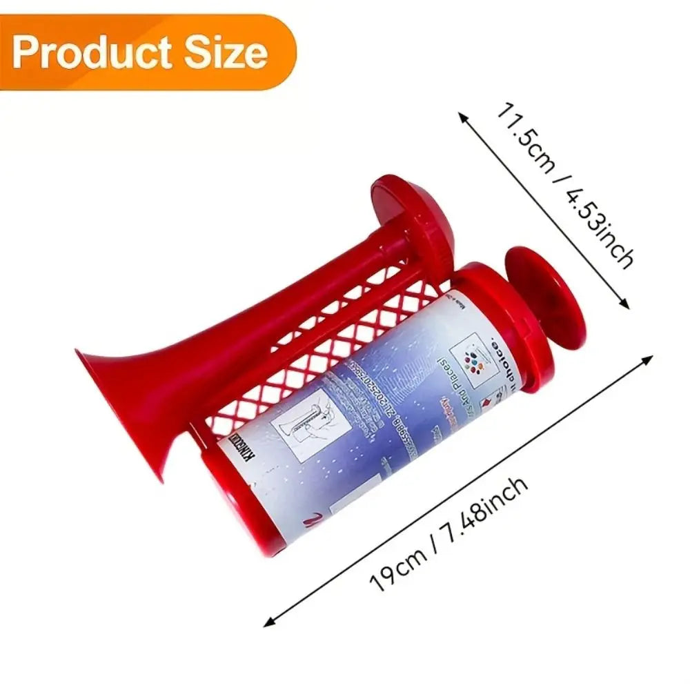 A red portable air horn with a cylindrical body and a flared nozzle, shown with dimensions.