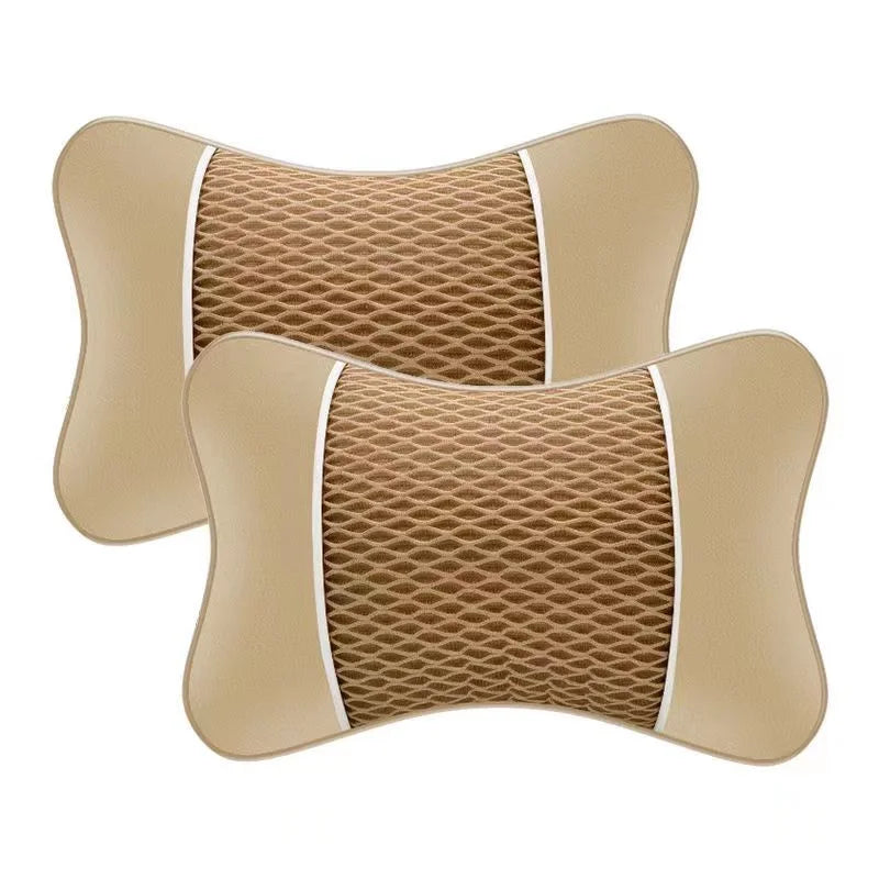 A beige universal car headrest pillow designed for neck comfort, shown in a folded state.