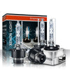 A box and several high-intensity xenon HID headlight bulbs are displayed on a silver base.