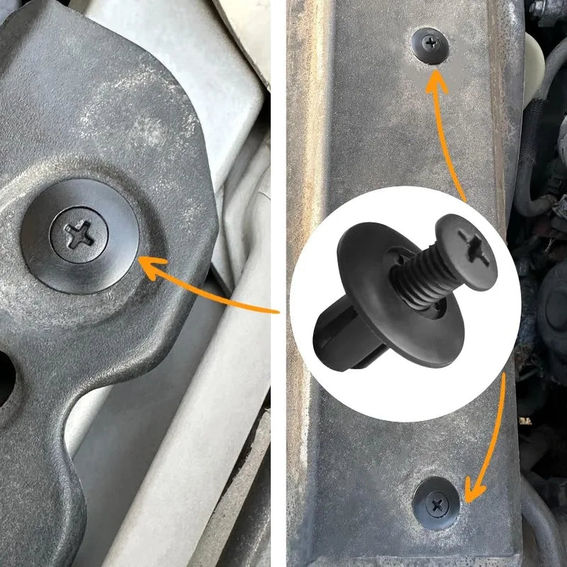Close-up of a plastic rivet or push pin fastener used to secure a car bumper, showing the installation process.
