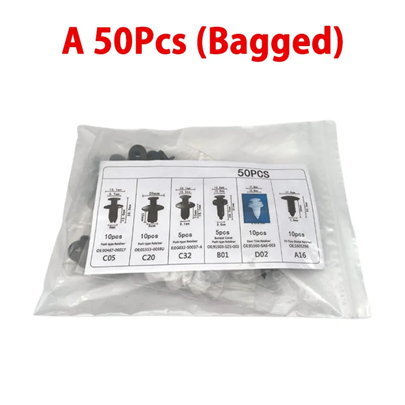 A bag of 50 pieces of universal automotive fastener clips for body trim.