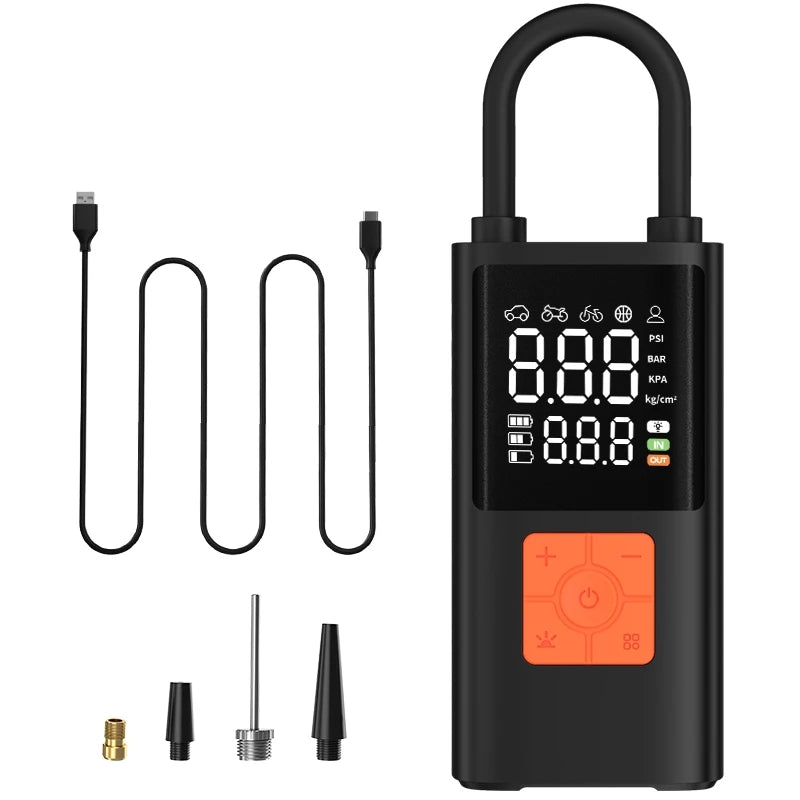 Compresseur d'air portable noir et gonflant de pneus avec divers accessoires.